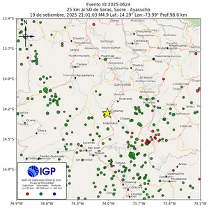 Mapa sísmico del sismo de magnitud 4.9 a 25 km al SO de Soras, Sucre - Ayacucho, Perú