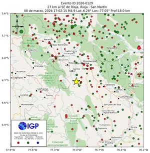 Mapa sísmico del sismo de magnitud 4.9 a 27 km al SE de Rioja, Rioja - San Martín, Perú