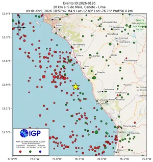 Mapa sísmico del sismo de magnitud 4.9 a 28 km al S de Mala, Cañete - Lima, Perú