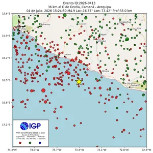 Mapa sísmico del sismo de magnitud 4.9 a 36 km al O de Ocoña, Camaná - Arequipa, Perú