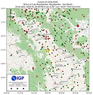 Mapa sísmico del sismo de magnitud 4.9 a 38 km al S de Moyobamba, Moyobamba - San Martín, Perú