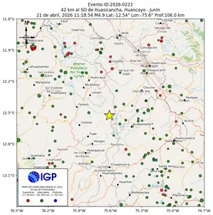 Mapa sísmico del sismo de magnitud 4.9 a 42 km al SO de Huasicancha, Huancayo - Junín, Perú