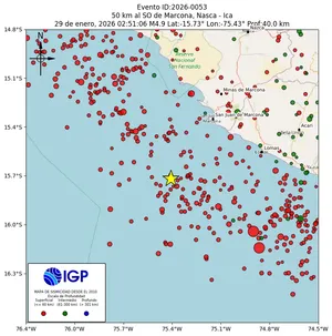 Mapa sísmico del sismo de magnitud 4.9 a 50 km al SO de Marcona, Nasca - Ica, Perú
