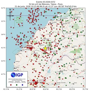 Mapa sísmico del sismo de magnitud 4.9 a 52 km al E de Máncora, Talara - Piura, Perú