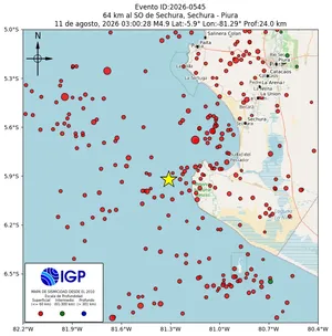 Mapa sísmico del sismo de magnitud 4.9 a 64 km al SO de Sechura, Sechura - Piura, Perú