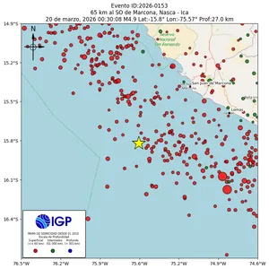 Mapa sísmico del sismo de magnitud 4.9 a 65 km al SO de Marcona, Nasca - Ica, Perú