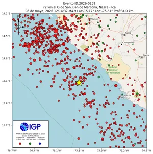 Mapa sísmico del sismo de magnitud 4.9 a 72 km al O de San Juan de Marcona, Nasca - Ica, Perú