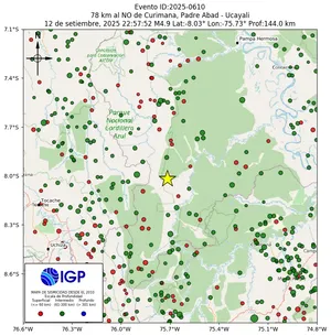 Mapa sísmico del sismo de magnitud 4.9 a 78 km al NO de Curimana, Padre Abad - Ucayali, Perú