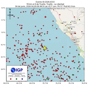 Mapa sísmico del sismo de magnitud 4.9 a 78 km al O de Trujillo, Trujillo - La Libertad, Perú