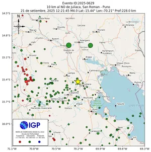 Mapa sísmico del sismo de magnitud 4 a 10 km al NO de Juliaca, San Roman - Puno, Perú