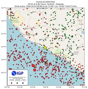 Mapa sísmico del sismo de magnitud 4 a 10 km al O de Yauca, Caravelí - Arequipa, Perú