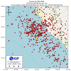 Mapa sísmico del sismo de magnitud 4 a 101 km al SO de Ica, Ica - Ica, Perú