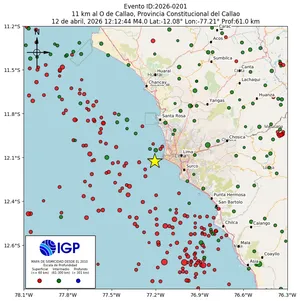 Mapa sísmico del sismo de magnitud 4 a 11 km al O de Callao, Provincia Constitucional del Callao, Perú
