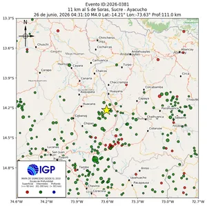 Mapa sísmico del sismo de magnitud 4 a 11 km al S de Soras, Sucre - Ayacucho, Perú