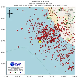 Mapa sísmico del sismo de magnitud 4 a 113 km al SO de Ica, Ica - Ica, Perú