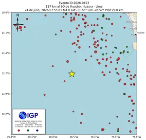 Mapa sísmico del sismo de magnitud 4 a 117 km al SO de Huacho, Huaura - Lima, Perú