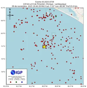 Mapa sísmico del sismo de magnitud 4 a 119 km al O de Pimentel, Chiclayo - Lambayeque, Perú