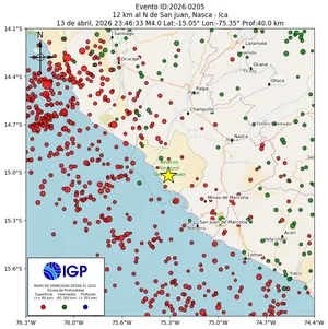 Mapa sísmico del sismo de magnitud 4 a 12 km al N de San Juan, Nasca - Ica, Perú