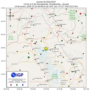 Mapa sísmico del sismo de magnitud 4 a 12 km al O de Pomabamba, Pomabamba - Áncash, Perú