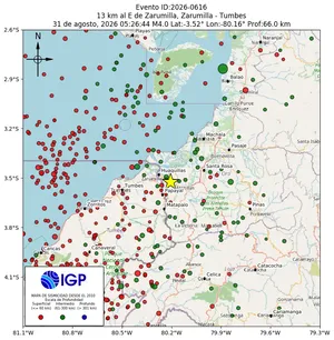 Mapa sísmico del sismo de magnitud 4 a 13 km al E de Zarumilla, Zarumilla - Tumbes, Perú