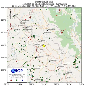 Mapa sísmico del sismo de magnitud 4 a 14 km al SO de Colcabamba, Tayacaja - Huancavelica, Perú