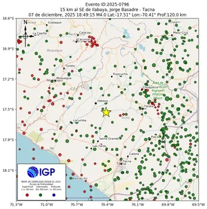 Mapa sísmico del sismo de magnitud 4 a 15 km al SE de Ilabaya, Jorge Basadre - Tacna, Perú