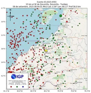 Mapa sísmico del sismo de magnitud 4 a 15 km al SE de Zarumilla, Zarumilla - Tumbes, Perú