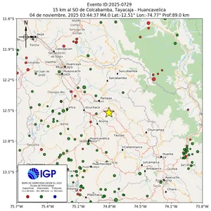 Mapa sísmico del sismo de magnitud 4 a 15 km al SO de Colcabamba, Tayacaja - Huancavelica, Perú