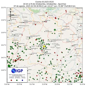 Mapa sísmico del sismo de magnitud 4 a 16 km al N de Antabamba, Antabamba - Apurimac, Perú