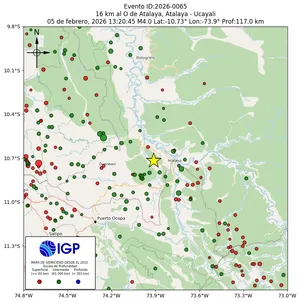Mapa sísmico del sismo de magnitud 4 a 16 km al O de Atalaya, Atalaya - Ucayali, Perú