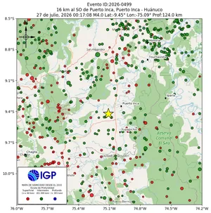 Mapa sísmico del sismo de magnitud 4 a 16 km al SO de Puerto Inca, Puerto Inca - Huánuco, Perú