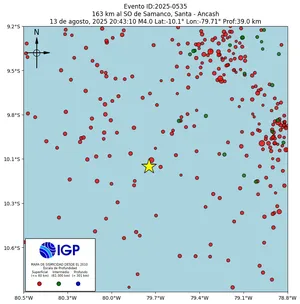 Mapa sísmico del sismo de magnitud 4 a 163 km al SO de Samanco, Santa - Ancash, Perú
