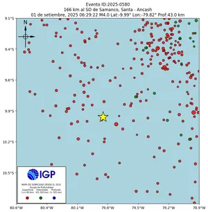 Mapa sísmico del sismo de magnitud 4 a 166 km al SO de Samanco, Santa - Ancash, Perú