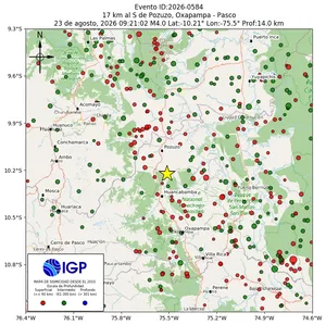 Mapa sísmico del sismo de magnitud 4 a 17 km al S de Pozuzo, Oxapampa - Pasco, Perú