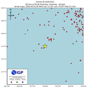 Mapa sísmico del sismo de magnitud 4 a 182 km al SO de Huarmey, Huarmey - Áncash, Perú