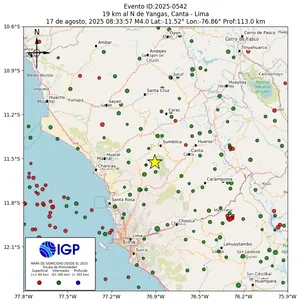 Mapa sísmico del sismo de magnitud 4 a 19 km al N de Yangas, Canta - Lima, Perú