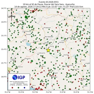 Mapa sísmico del sismo de magnitud 4 a 19 km al SE de Pausa, Paucar del Sara Sara - Ayacucho, Perú