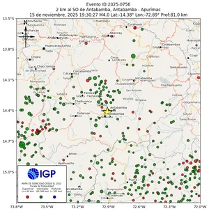 Mapa sísmico del sismo de magnitud 4 a 2 km al SO de Antabamba, Antabamba - Apurímac, Perú