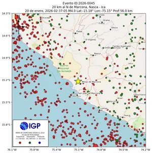 Mapa sísmico del sismo de magnitud 4 a 20 km al N de Marcona, Nasca - Ica, Perú