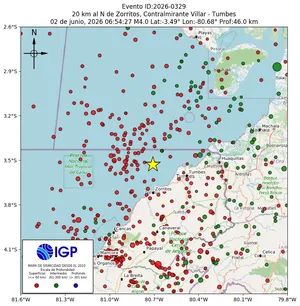 Mapa sísmico del sismo de magnitud 4 a 20 km al N de Zorritos, Contralmirante Villar - Tumbes, Perú