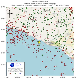 Mapa sísmico del sismo de magnitud 4 a 20 km al SE de Ocoña, Camaná - Arequipa, Perú