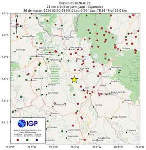 Mapa sísmico del sismo de magnitud 4 a 21 km al NO de Jaén, Jaén - Cajamarca, Perú