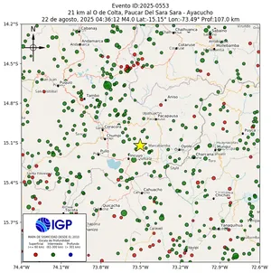 Mapa sísmico del sismo de magnitud 4 a 21 km al O de Colta, Paucar Del Sara Sara - Ayacucho, Perú