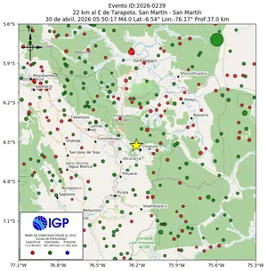 Mapa sísmico del sismo de magnitud 4 a 22 km al E de Tarapoto, San Martín - San Martín, Perú