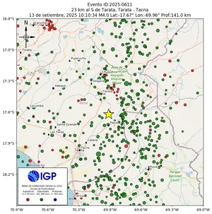 Mapa sísmico del sismo de magnitud 4 a 23 km al S de Tarata, Tarata - Tacna, Perú