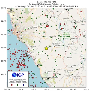 Mapa sísmico del sismo de magnitud 4 a 24 km al NE de Calango, Cañete - Lima, Perú