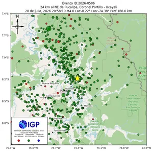 Mapa sísmico del sismo de magnitud 4 a 24 km al NE de Pucallpa, Coronel Portillo - Ucayali, Perú