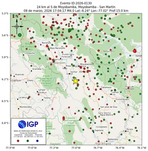 Mapa sísmico del sismo de magnitud 4 a 24 km al S de Moyobamba, Moyobamba - San Martín, Perú