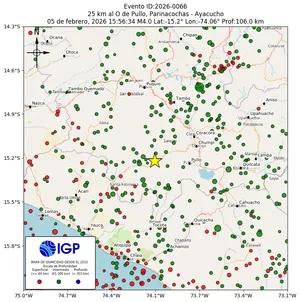 Mapa sísmico del sismo de magnitud 4 a 25 km al O de Pullo, Parinacochas - Ayacucho, Perú