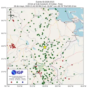 Mapa sísmico del sismo de magnitud 4 a 25 km al S de Conduriri, El Collao - Puno, Perú